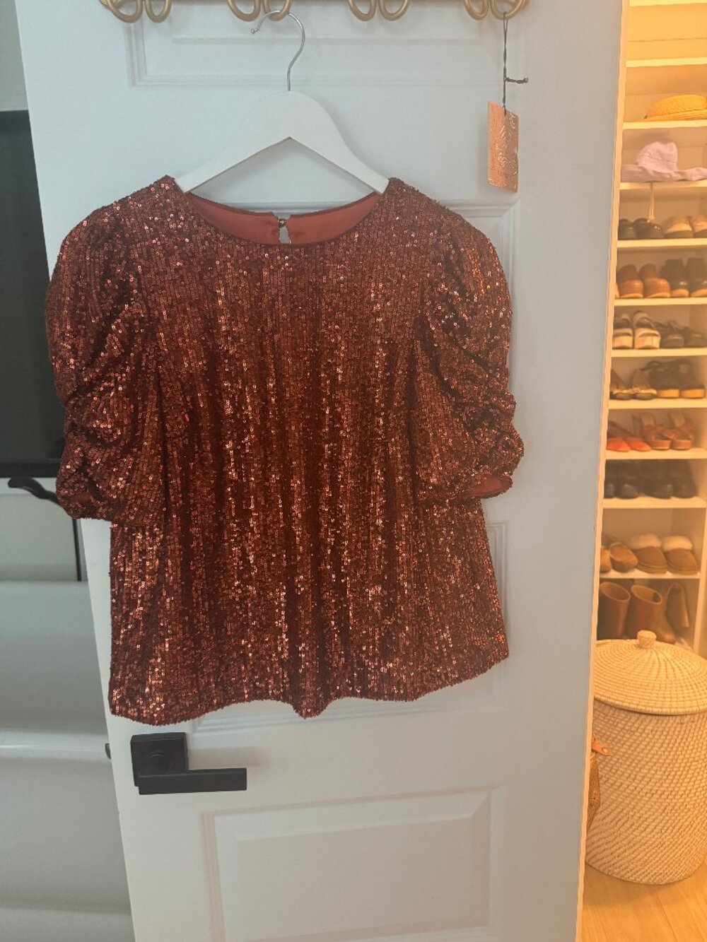 by Anthropologie Marie Copper Sequin Puff Sleeve Top US 4 Party Holiday
